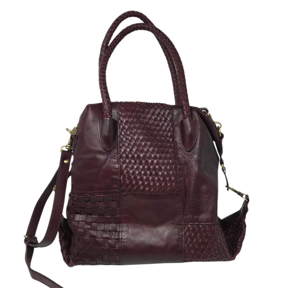 Patricia Nash Paloma Burgundy Patchwork Woven Leather Satchel Detachable Strap
